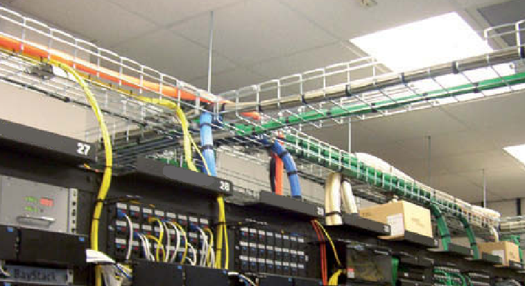 Fiber Cable running over cable basket in data center